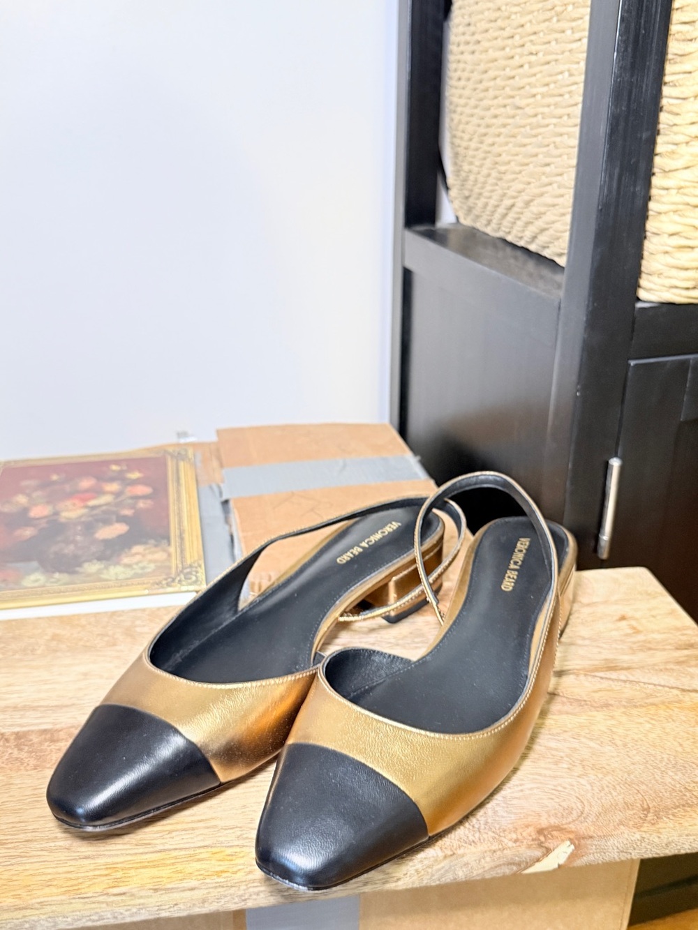 Veronica Beard Gold and Black Cap-Toe Slingback Flats